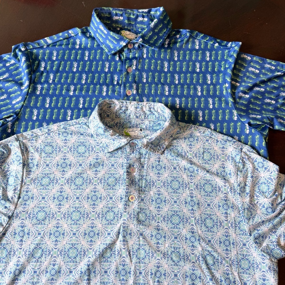 Lot of 2 - TailorByrd Men’s Performance Golf Polo Geometric & Pineapple Design L